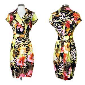 Cache | 90s Vintage Tropical Animal Print Double Breasted Belted Sheath Dress 8